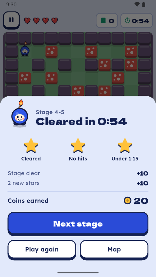 A stage cleared in 54 seconds with three stars and 20 coins