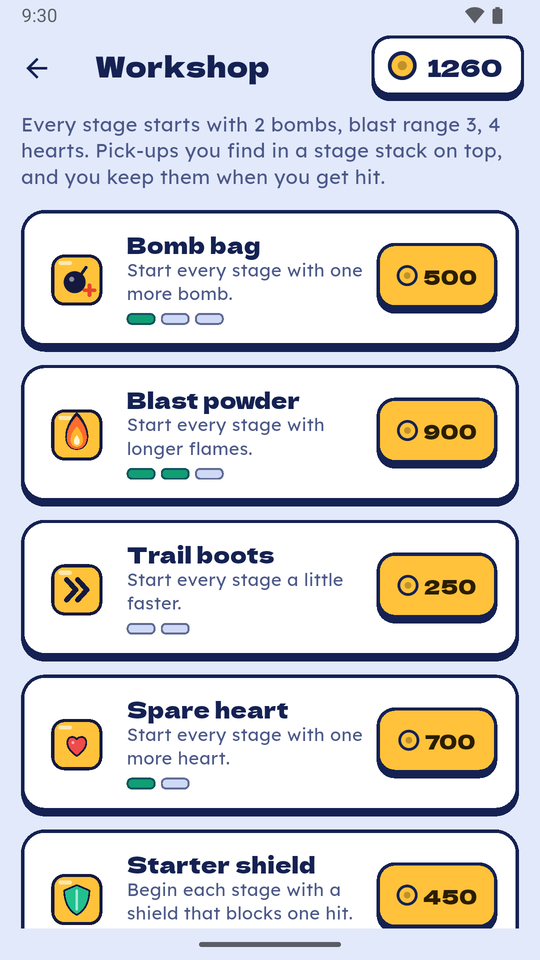 The Workshop with upgrades for bombs, blast range, speed, hearts and a starting shield